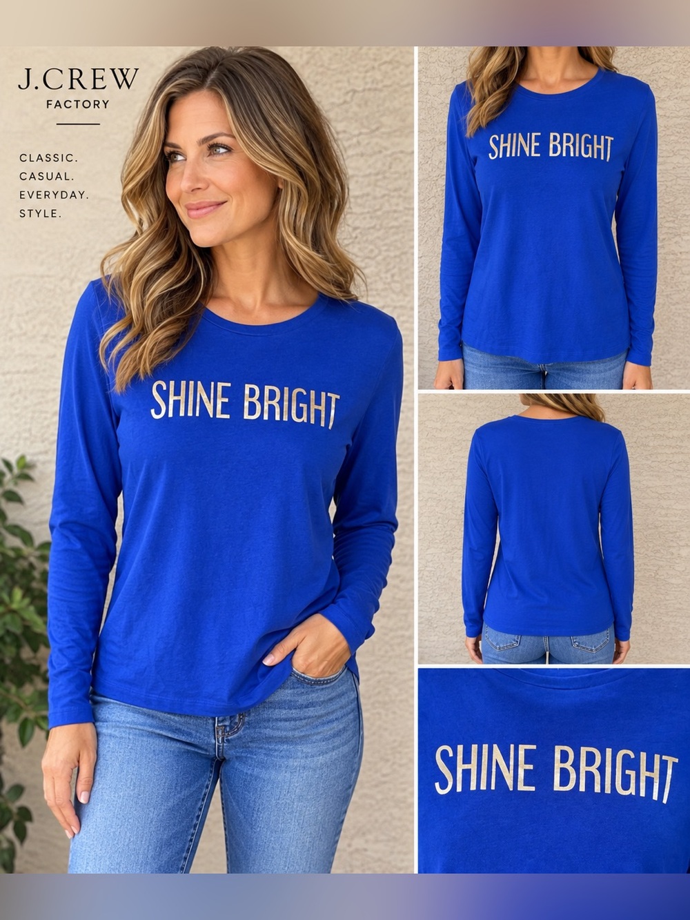 J.Crew Factory Royal Blue “Shine Bright” Long Sleeve Tee Size L